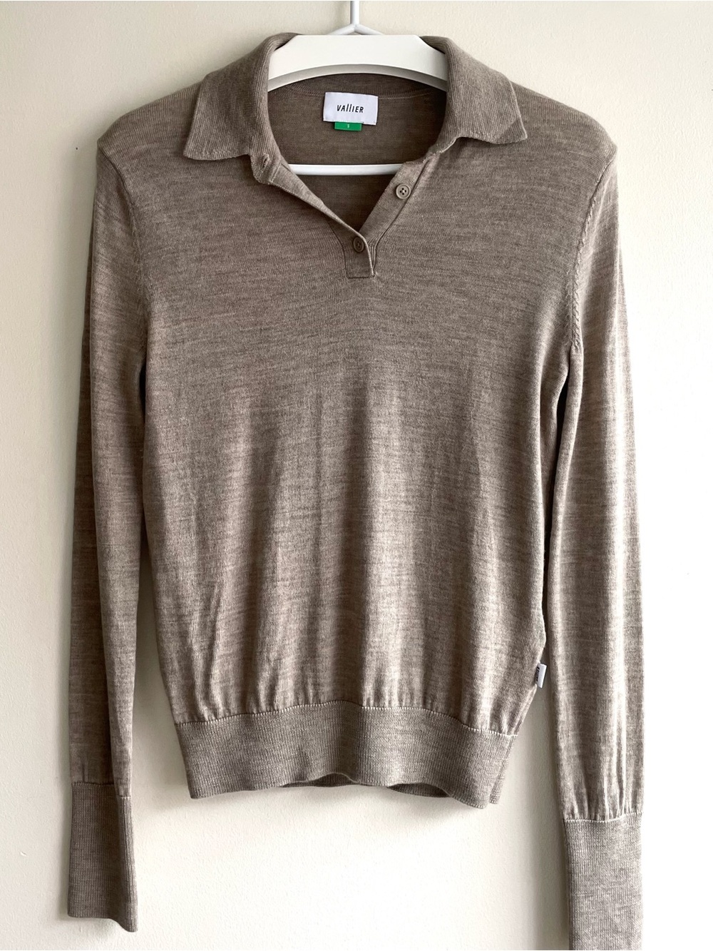 Vallier 100% Merino Wool Knit Polo Sweater Beige Taupe Long Sleeve Size S